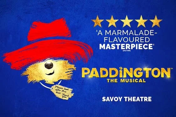 Promotional poster for 'Paddington' musical at Savoy Theatre with character logo and text.